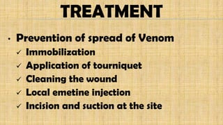TREATMENT
• Prevention of spread of Venom
 Immobilization
 Application of tourniquet
 Cleaning the wound
 Local emetine injection
 Incision and suction at the site
 