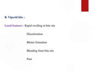  B. Viperid bite :
 Local features : Rapid swelling at bite site
Discoloration
Blister formation
Bleeding from bite site
Pain
 