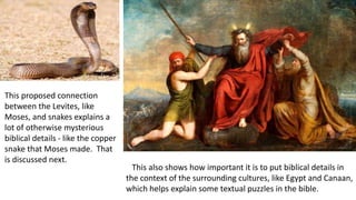 This proposed connection
between the Levites, like
Moses, and snakes explains a
lot of otherwise mysterious
biblical details - like the copper
snake that Moses made. That
is discussed next.
This also shows how important it is to put biblical details in
the context of the surrounding cultures, like Egypt and Canaan,
which helps explain some textual puzzles in the bible.
 