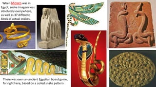 There was even an ancient Egyptian board game,
far right here, based on a coiled snake pattern.
When Moses was in
Egypt, snake imagery was
absolutely everywhere,
as well as 37 different
kinds of actual snakes.
 