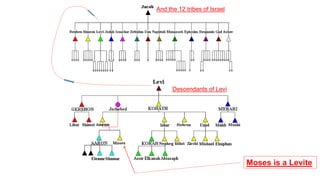 And the 12 tribes of Israel
Descendants of Levi
Moses is a Levite
 