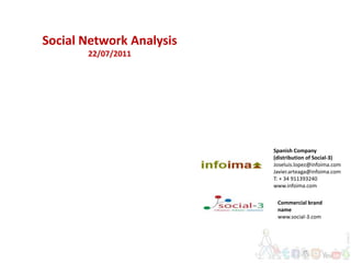 Social Network Analysis
       22/07/2011




                          Spanish Company
                          (distribution of Social-3)
                          Joseluis.lopez@infoima.com
                          Javier.arteaga@infoima.com
                          T: + 34 911393240
                          www.infoima.com

                           Commercial brand
                           name
                           www.social-3.com
 