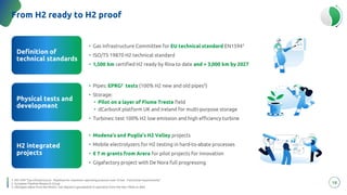 energy
to inspire the world
18
Physical tests and
development
Physical tests and
development
From H2 ready to H2 proof
• Gas Infrastructure Committee for EU technical standard EN15941
• ISO/TS 19870 H2 technical standard
• 1,500 km certified H2 ready by Rina to date and > 3,000 km by 2027
• Gas Infrastructure Committee for EU technical standard EN15941
• ISO/TS 19870 H2 technical standard
• 1,500 km certified H2 ready by Rina to date and > 3,000 km by 2027
• Pipes: EPRG2 tests (100% H2 new and old pipes3)
• Storage:
• Pilot on a layer of Fiume Treste field
• dCarbonX platform UK and Ireland for multi-purpose storage
• Turbines: test 100% H2 low emission and high efficiency turbine
• Pipes: EPRG2 tests (100% H2 new and old pipes3)
• Storage:
• Pilot on a layer of Fiume Treste field
• dCarbonX platform UK and Ireland for multi-purpose storage
• Turbines: test 100% H2 low emission and high efficiency turbine
• Modena’s and Puglia’s H2 Valley projects
• Mobile electrolyzers for H2 testing in hard-to-abate processes
• € 7 m grants from Arera for pilot projects for innovation
• Gigafactory project with De Nora full progressing
• Modena’s and Puglia’s H2 Valley projects
• Mobile electrolyzers for H2 testing in hard-to-abate processes
• € 7 m grants from Arera for pilot projects for innovation
• Gigafactory project with De Nora full progressing
Definition of
technical standards
Definition of
technical standards
H2 integrated
projects
H2 integrated
projects
1. EN 1594 “Gas infrastructure - Pipelines for maximum operating pressure over 16 bar - Functional requirements”
2. European Pipeline Research Group
3. Old pipes taken from the Rimini - San Sepolcro gas pipeline in operation from the late 1960s to date
 