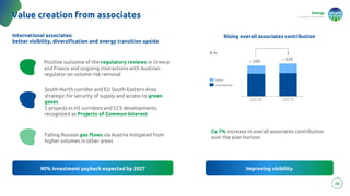 energy
to inspire the world
2023E 2027E
26
Value creation from associates
~ 300
Italian
International
Rising overall associates contribution
Improving visibility
~ 320
90% investment payback expected by 2027
International associates:
better visibility, diversification and energy transition upside
Falling Russian gas flows via Austria mitigated from
higher volumes in other areas
Positive outcome of the regulatory reviews in Greece
and France and ongoing interactions with Austrian
regulator on volume risk removal
South-North corridor and EU South-Eastern Area
strategic for security of supply and access to green
gases
5 projects in H2 corridors and CCS developments
recognized as Projects of Common Interest
Ca 7% increase in overall associates contribution
over the plan horizon
€ m
 