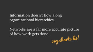 Information doesn’t flow along 
organizational hierarchies. 
! 
Networks are a far more accurate picture 
of how work gets done. 
org charts lie! 
 