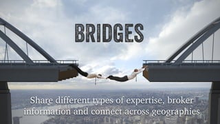 bridges 
Share different types of expertise, broker 
information and connect across geographies 
 