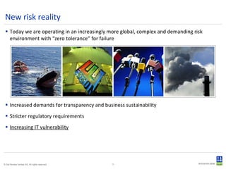 Today we are operating in an increasingly more global, complex and demanding risk environment with “zero tolerance” for failure  Increased demands for transparency and business sustainability Stricter regulatory requirements Increasing IT vulnerability New risk reality 