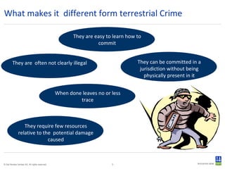 What makes it  different form terrestrial Crime They are easy to learn how to commit They are  often not clearly illegal When done leaves no or less trace They require few resources relative to the  potential damage caused They can be committed in a jurisdiction without being physically present in it 
