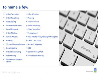 Cyber Terrorism Cyber Squatting Web Jacking Internet Time Thefts Email Bombing Cyber Stalking Salami Attacks Hacking Viruses/Worms/Trojans Data Diddling Cyber Blackmailing Cyber Luring Intellectual Property crimes False Websites Phishing Auction Frauds e-mail Spoofing Cyber Terrorism Pornography Data Interference/Forgery/Interception Credit Card Fraud Network Sabotage DOS Identity Fraud/Theft Source code stealing to name a few 