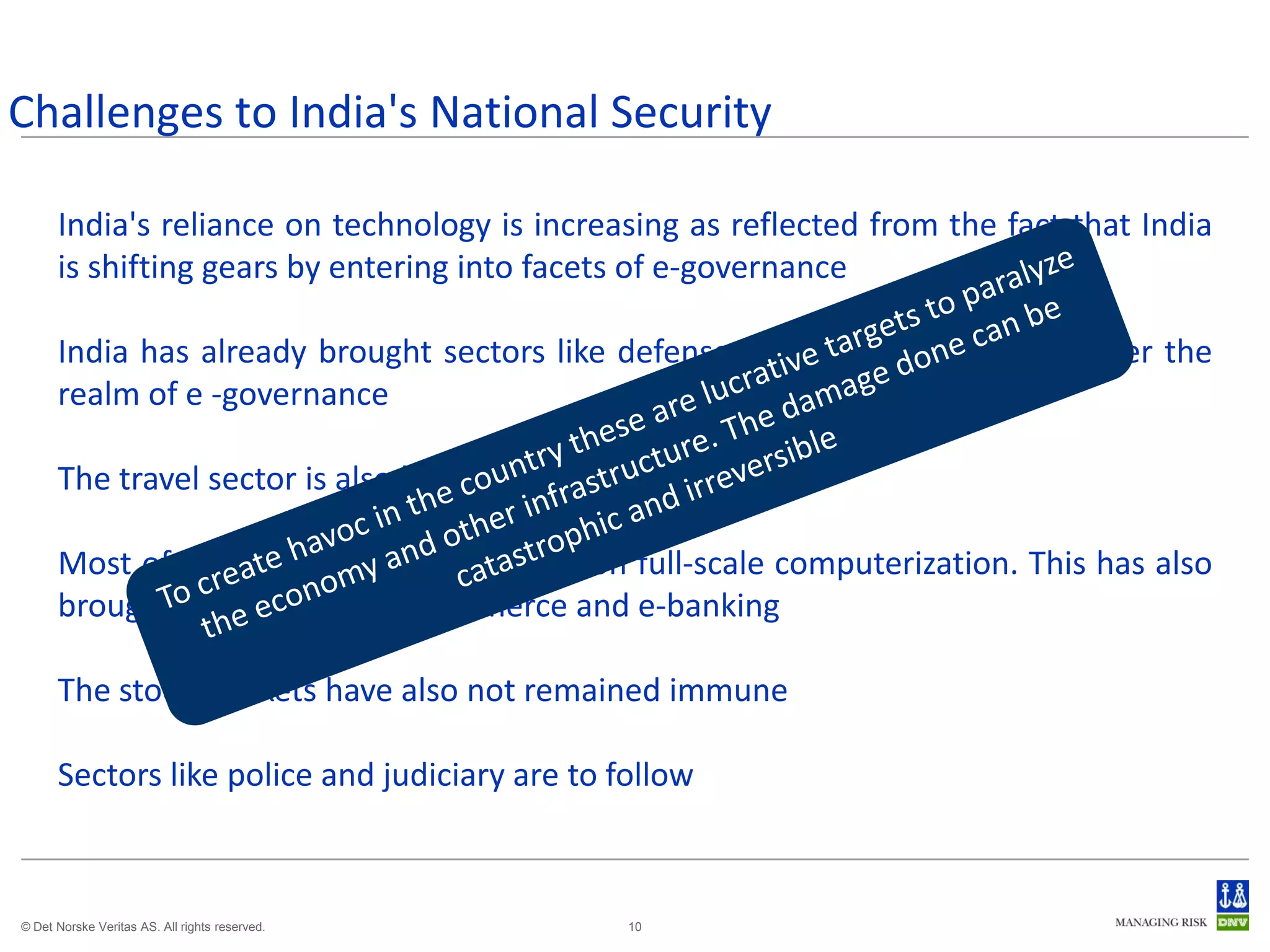 Challenges to India's National Security

      India's reliance on technology is increasing as reflected from the fact that India
      is shifting gears by entering into facets of e-governance

      India has already brought sectors like defense, income tax, passport under the
      realm of e -governance

      The travel sector is also heavily reliant on this

      Most of the Indian banks have gone on full-scale computerization. This has also
      brought in concepts of e-commerce and e-banking

      The stock markets have also not remained immune

      Sectors like police and judiciary are to follow



© Det Norske Veritas AS. All rights reserved.    10
 