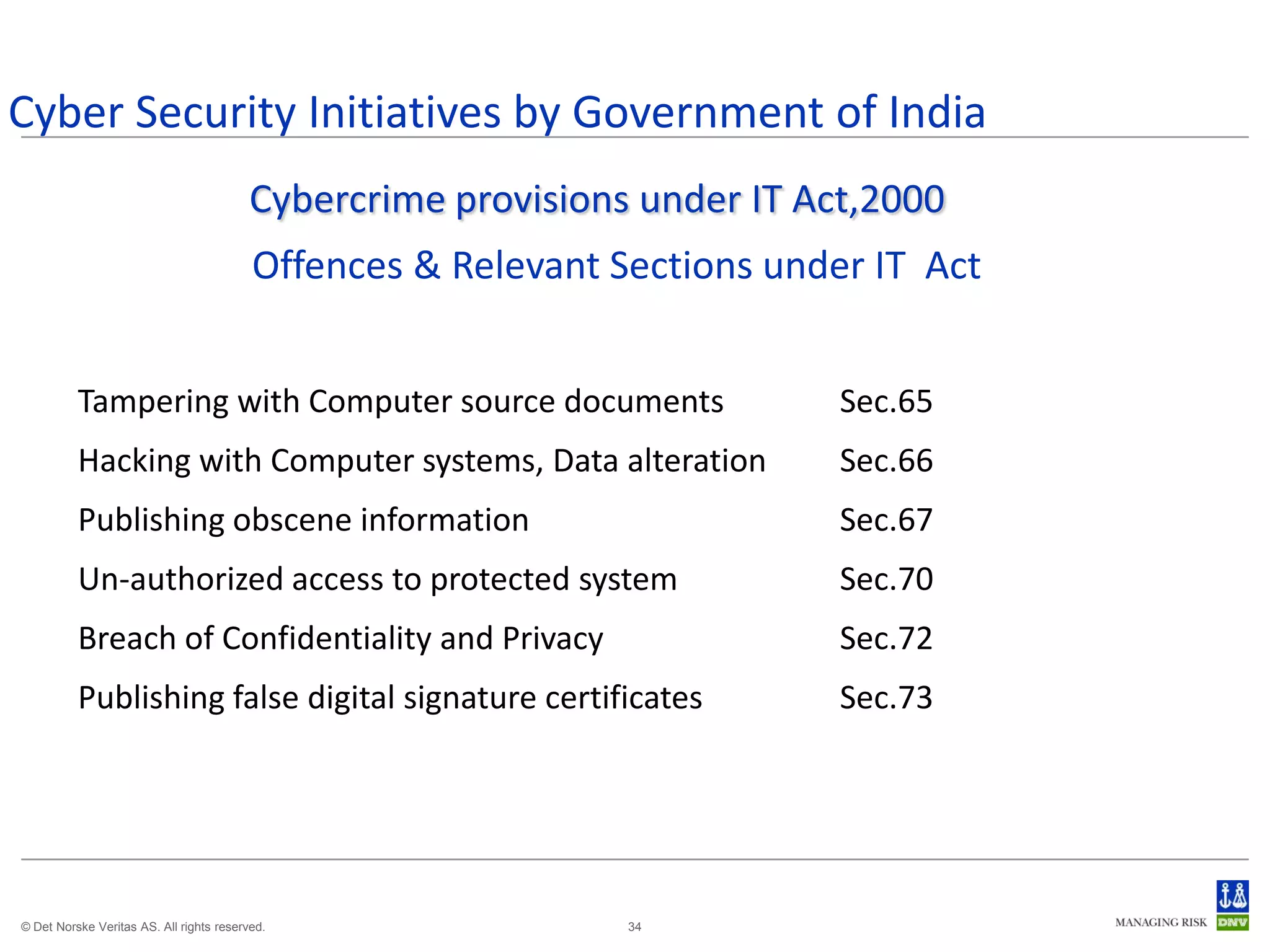 Cyber Security Initiatives by Government of India
                                         Cybercrime provisions under IT Act,2000
                                          Offences & Relevant Sections under IT Act


          Tampering with Computer source documents                         Sec.65
          Hacking with Computer systems, Data alteration                   Sec.66
          Publishing obscene information                                   Sec.67
          Un-authorized access to protected system                         Sec.70
          Breach of Confidentiality and Privacy                            Sec.72
          Publishing false digital signature certificates                  Sec.73




© Det Norske Veritas AS. All rights reserved.                  34
 