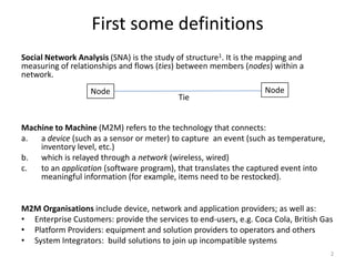 First some definitions
Social Network Analysis (SNA) is the study of structure1. It is the mapping and
measuring of relationships and flows (ties) between members (nodes) within a
network.
Machine to Machine (M2M) refers to the technology that connects:
a. a device (such as a sensor or meter) to capture an event (such as temperature,
inventory level, etc.)
b. which is relayed through a network (wireless, wired)
c. to an application (software program), that translates the captured event into
meaningful information (for example, items need to be restocked).
M2M Organisations include device, network and application providers; as well as:
• Enterprise Customers: provide the services to end-users, e.g. Coca Cola, British Gas
• Platform Providers: equipment and solution providers to operators and others
• System Integrators: build solutions to join up incompatible systems
2
Node Node
Tie
 
