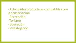 - Actividades productivas compatibles con
la conservación.
- Recreación
-Turismo
- Educación
- Investigación
 