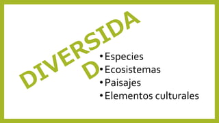 •Especies
•Ecosistemas
•Paisajes
•Elementos culturales
 