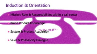 Induction & Orientation
 Mission, Role & Responsibilities within a call center
 Brand Product Knowledge
 System & Process Acquisition
 Sales & Philosophy Dialogue
 