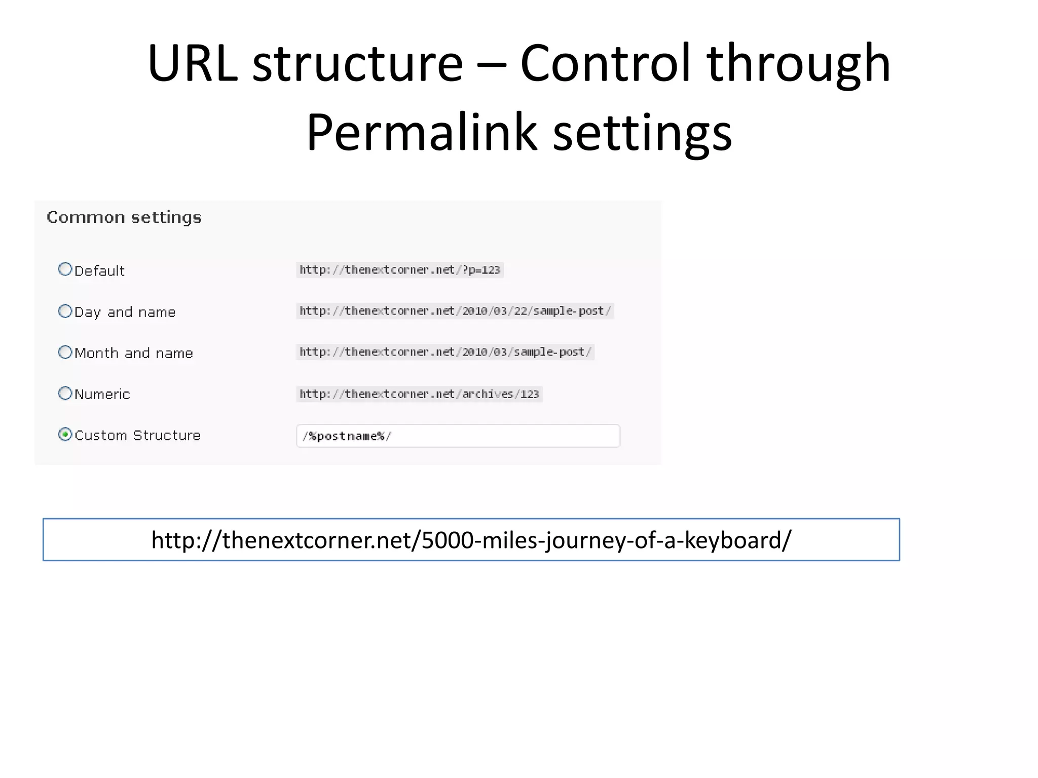 URL structure – Control through
       Permalink settings




http://thenextcorner.net/5000-miles-journey-of-a-keyboard/
 