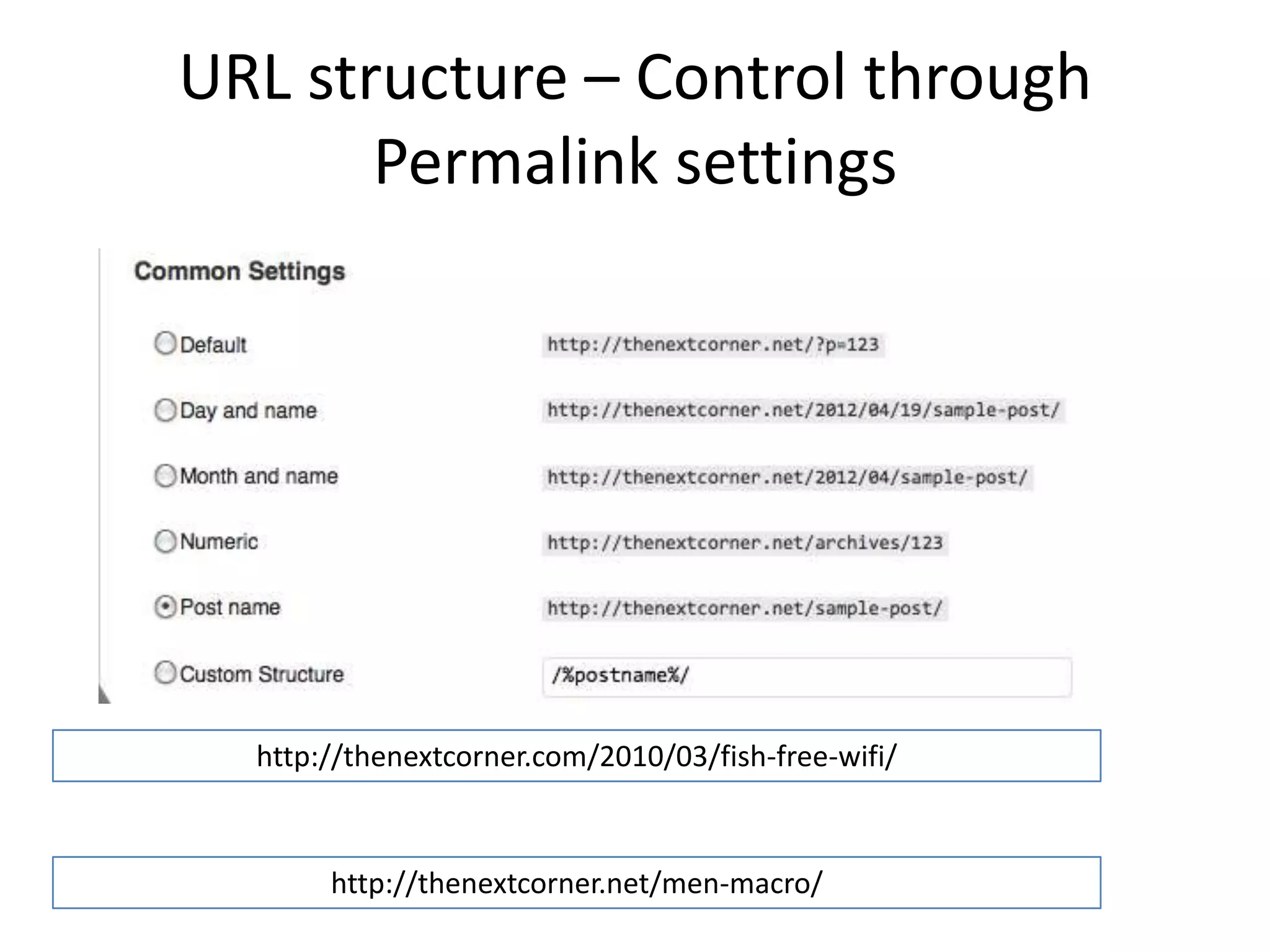 URL structure – Control through
       Permalink settings




                      VS

  http://thenextcorner.com/2010/03/fish-free-wifi/



       http://thenextcorner.net/men-macro/
 