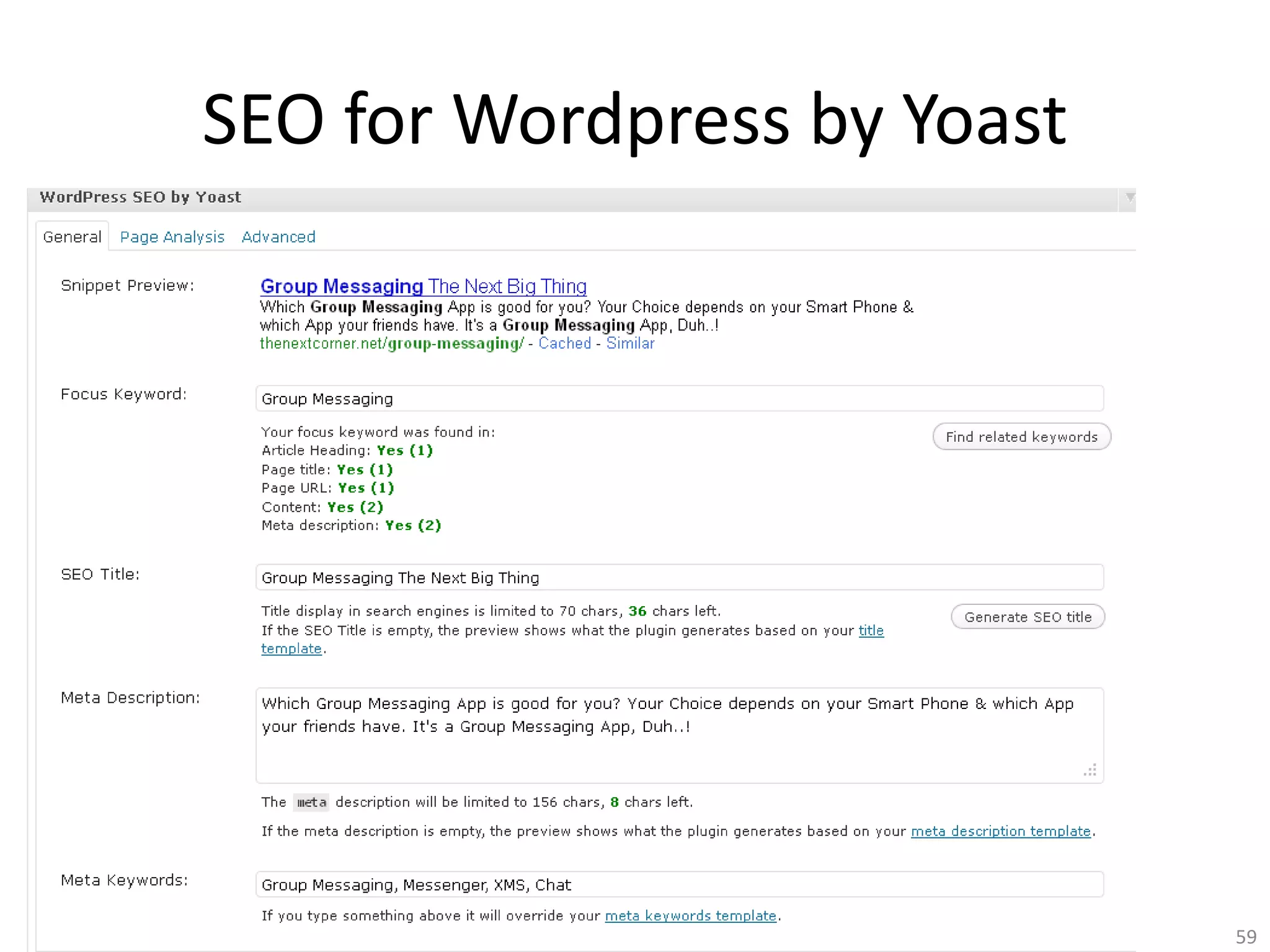 SEO for Wordpress by Yoast




                             59
 