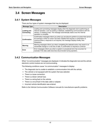 17
Basic Operation and Navigation Screen Messages
3.4 Screen Messages
3.4.1 System Messages
There are four types of system messages that may be displayed:
3.4.2 Communication Messages
When “no communication” messages are displayed, it indicates the diagnostic tool and the vehicle
electronic control module are not communicating.
The following conditions cause “no communication” messages to display:
• The diagnostic tool is unable to establish a communication link with the vehicle.
• The vehicle is not equipped with the system that was selected.
• There is a loose connection.
• There is a blown vehicle fuse.
• There is a wiring fault on the vehicle.
• There is a circuit fault in the data cable or adapter.
• Incorrect vehicle identification was entered.
Refer to the Vehicle Communication Software manuals for manufacturer-specific problems.
Message Type Description
Loading and
Connecting
Loading and connecting messages display when the diagnostic tool is performing an
internal operation, such as loading a database, establishing communications with the
vehicle, or initiating a test. The message automatically clears once the internal
operation is complete.
Confirmation
Confirmation messages inform you when you are about to perform an action that cannot
be reversed or when an action has been initiated that requires a confirmation to
continue.When a response is not required, the message displays briefly, then
disappears.
Warning
Warning messages inform you when completing the selected action may result in an
irreversible change or in the loss of data. A confirmation is required to continue
Error
Error messages inform you when a system or procedural error has occurred, for
example if the data cable becomes disconnected during operation.
 