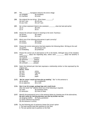 Q97.    The __________ managed to deceive the entire village
        (A) renegade         (B) sycophant
        (C) charlatan        (D) actor

Q98.    She ordered the taxi driver, ‘Drive faster, ________?’
        (A) won’t you           (B) will you
        (C) you must            (D) can’t you

Q99.    Her written statement failed to be consistent ________ what she had said earlier
        (A) on                 (B) with
        (C) in                 (D) to

Q100. Choose the antonym nearest in meaning to the word. Facetious :
      (A) serious           (B) uneasy
      (C) pleasant          (D) cross

Q101. Which one of the following alternatives is spelt correctly?
      (A) extacy             (B) ecstasy
      (C) ecstacy            (D) extasy

Q102. Choose the correct alternative that best explains the following idiom. Writing on the wall
      (A) graffiti            (B) obvious truth
      (C) foreboding          (D) prediction

Q103. Choose the correct set of alternatives to fill in the blanks. Although many of the members
      were _______ about the impending deal, others were __________ about the benefits it
      would bring
      (A) euphoric .......... confident
      (B) optimistic .......... dubious
      (C) angry .............. skeptical
      (D) confused .......... pleased

Q104. Select the lettered pair that best expresses a relationship similar to that expressed by the
      original pair.
      BROOK : RIVER
      (A) vein                artery
      (B) path                highway
      (C) yard                alley
      (D) penn                paper

Q105. ‘But for cancer I would not have give up smoking’. ‘But’ in this sentence is
      (A) an adverb           (B) a preposition
      (C) an adjective        (D) a verb

Q106. Here is my list oranges, garbage bags and a tooth brush.
      After the world ‘list’ identify which one of the following is required.
      (A) colon                 (B) quotation marks
      (C) semicolon             (D) none of these

Q107. Identify the grammatical error in the sentence below by choosing one of the alternatives.
      My main reason for learning pharmacy was that my brother was one.
      (A) dangling modifer    (B) faulty parallelism
      (C) faulty reference by pronoun
      (D) the sentence is correct

Q108. For the following pair of sentences choose the correct option
      I. The team quickly took their positions on the field
      II. The tam quickly took its position on the field
 