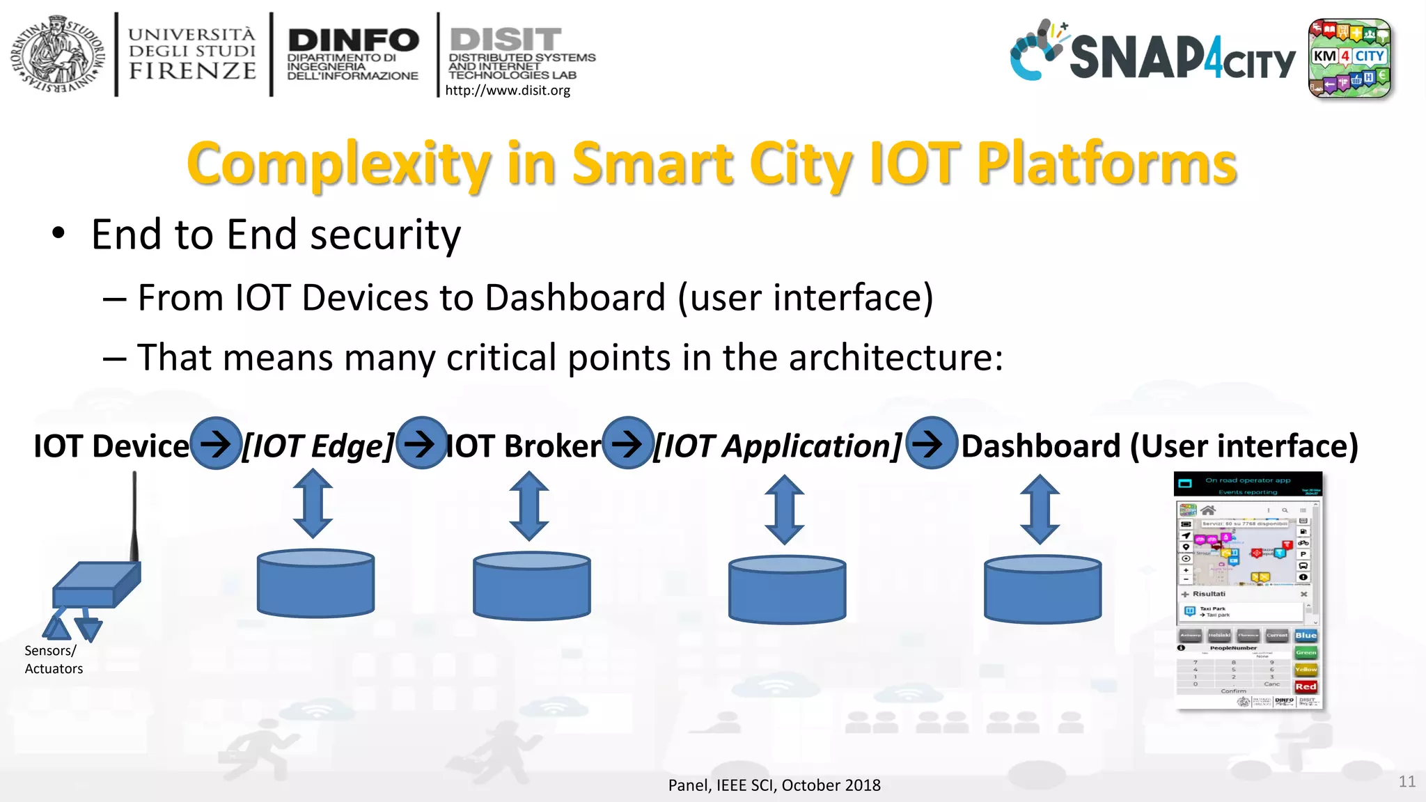 DISIT Lab, Distributed Data Intelligence and Technologies
Distributed Systems and Internet Technologies
Department of Information Engineering (DINFO)
http://www.disit.dinfo.unifi.it
http://www.disit.org
Complexity in Smart City IOT Platforms
• End to End security
– From IOT Devices to Dashboard (user interface)
– That means many critical points in the architecture:
Panel, IEEE SCI, October 2018 11
IOT Device → [IOT Edge] → IOT Broker → [IOT Application] → Dashboard (User interface)
Sensors/
Actuators
 