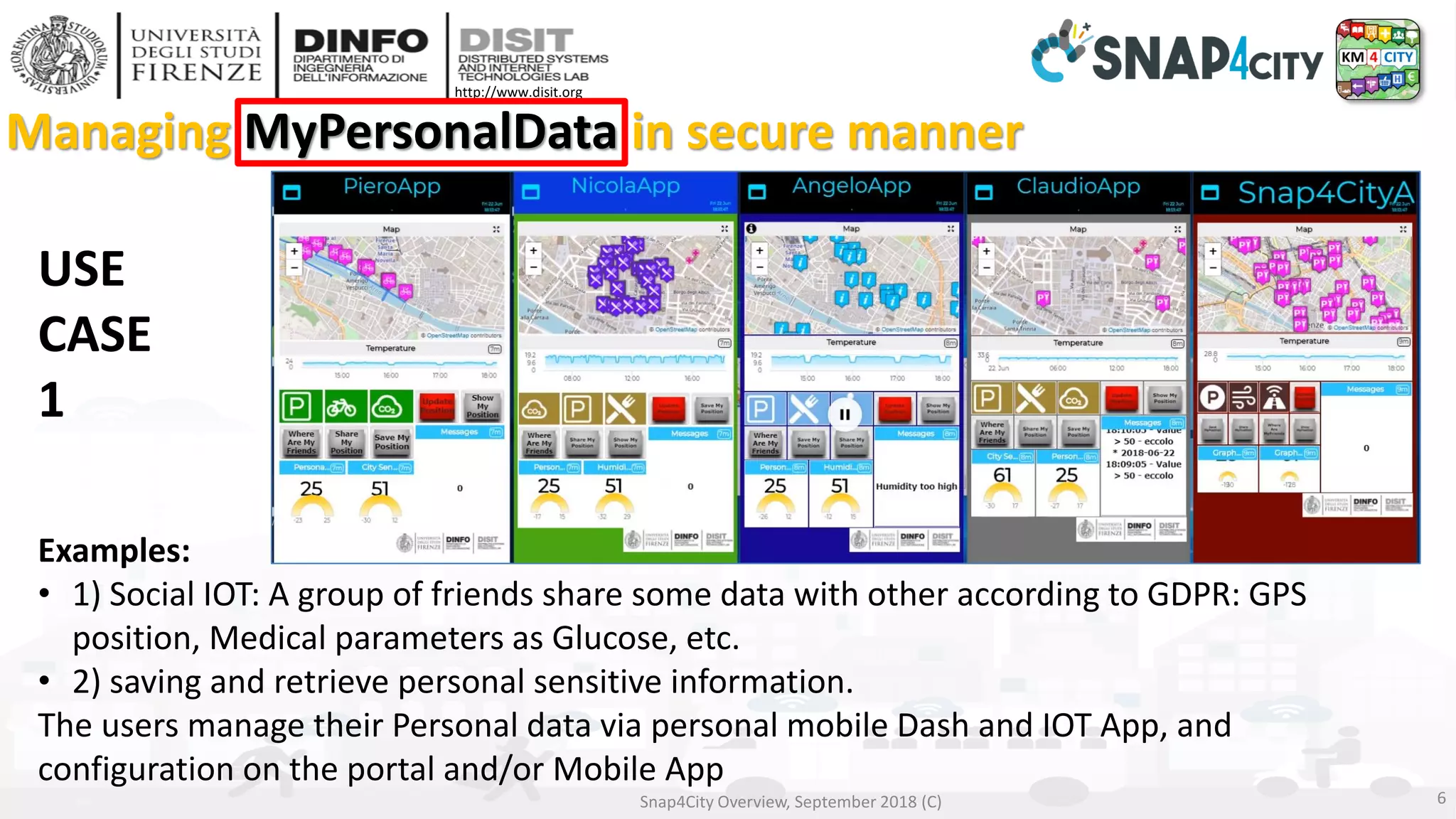 DISIT Lab, Distributed Data Intelligence and Technologies
Distributed Systems and Internet Technologies
Department of Information Engineering (DINFO)
http://www.disit.dinfo.unifi.it
http://www.disit.org
Managing MyPersonalData in secure manner
Snap4City Overview, September 2018 (C) 6
Examples:
• 1) Social IOT: A group of friends share some data with other according to GDPR: GPS
position, Medical parameters as Glucose, etc.
• 2) saving and retrieve personal sensitive information.
The users manage their Personal data via personal mobile Dash and IOT App, and
configuration on the portal and/or Mobile App
USE
CASE
1
 
