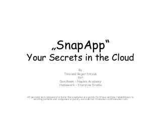 „SnapApp“

Your Secrets in the Cloud
By
Tina and Roger Straub
for
Dan Roam – Napkin Academy
Homework – Storyline Drama

All persons and companies listed in the examples are purely fictitious and any resemblance to
existing persons and companies is purely coincidental. filemaker.comfilemaker.com

 