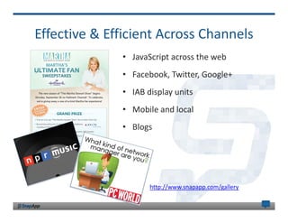 Effective & Efficient Across Channels
              • JavaScript across the web
              • Facebook, Twitter, Google+
              • IAB display units 
              • Mobile and local
              • Blogs




                     http://www.snapapp.com/gallery
 