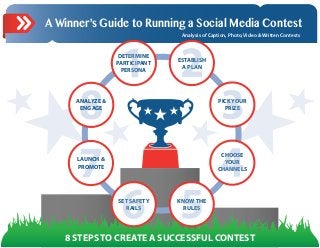 A Winner’s Guide to Running a Social Media Contest
                                 Analysis of Caption, Photo, Video & Written Contests



                   DETERMINE
                                ESTABLISH
                  PARTICIPANT
                                 A PLAN
                    PERSONA




      ANALYZE &                                 PICK YOUR
       ENGAGE                                     PRIZE




                                                 CHOOSE
      LAUNCH &                                    YOUR
      PROMOTE                                   CHANNELS




                  SET SAFETY    KNOW THE
                    RAILS         RULES




   8 STEPS TO CREATE A SUCCESSFUL CONTEST
 