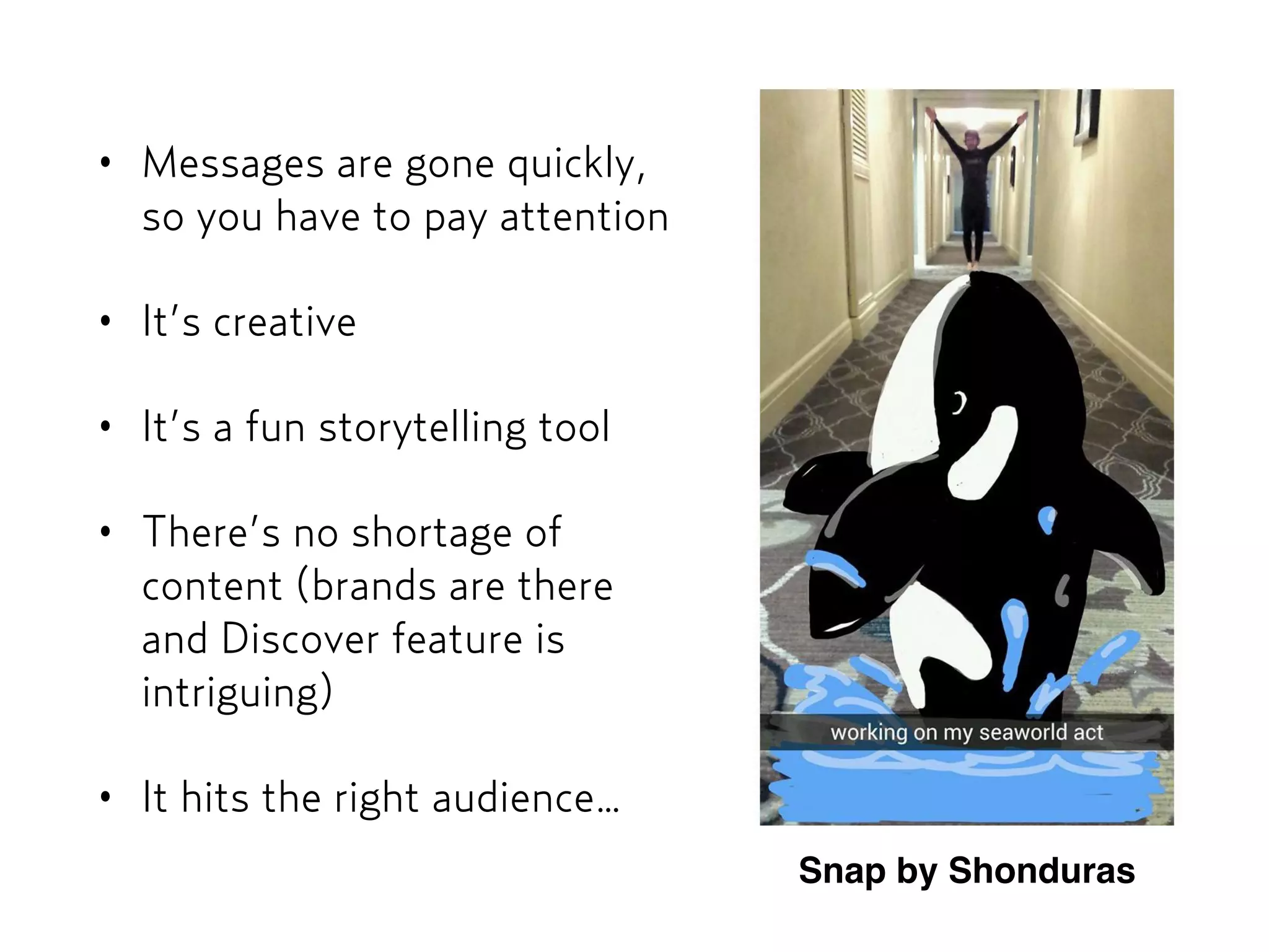 • Messages are gone quickly,
so you have to pay attention
• It’s creative
• It’s a fun storytelling tool
• There’s no shortage of
content (brands are there  
and Discover feature is
intriguing)
• It hits the right audience…
Snap by Shonduras
 