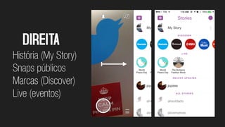 DIREITA
História (My Story)
Snaps públicos
Marcas (Discover)
Live (eventos)
 