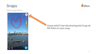 13
Snaps
Enhancing Photos
Visual artist? Use the drawing tool to go all
MS Paint on your snap.
 