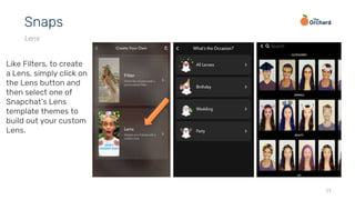 23
Snaps
Lens
Like Filters, to create
a Lens, simply click on
the Lens button and
then select one of
Snapchat’s Lens
template themes to
build out your custom
Lens.
 