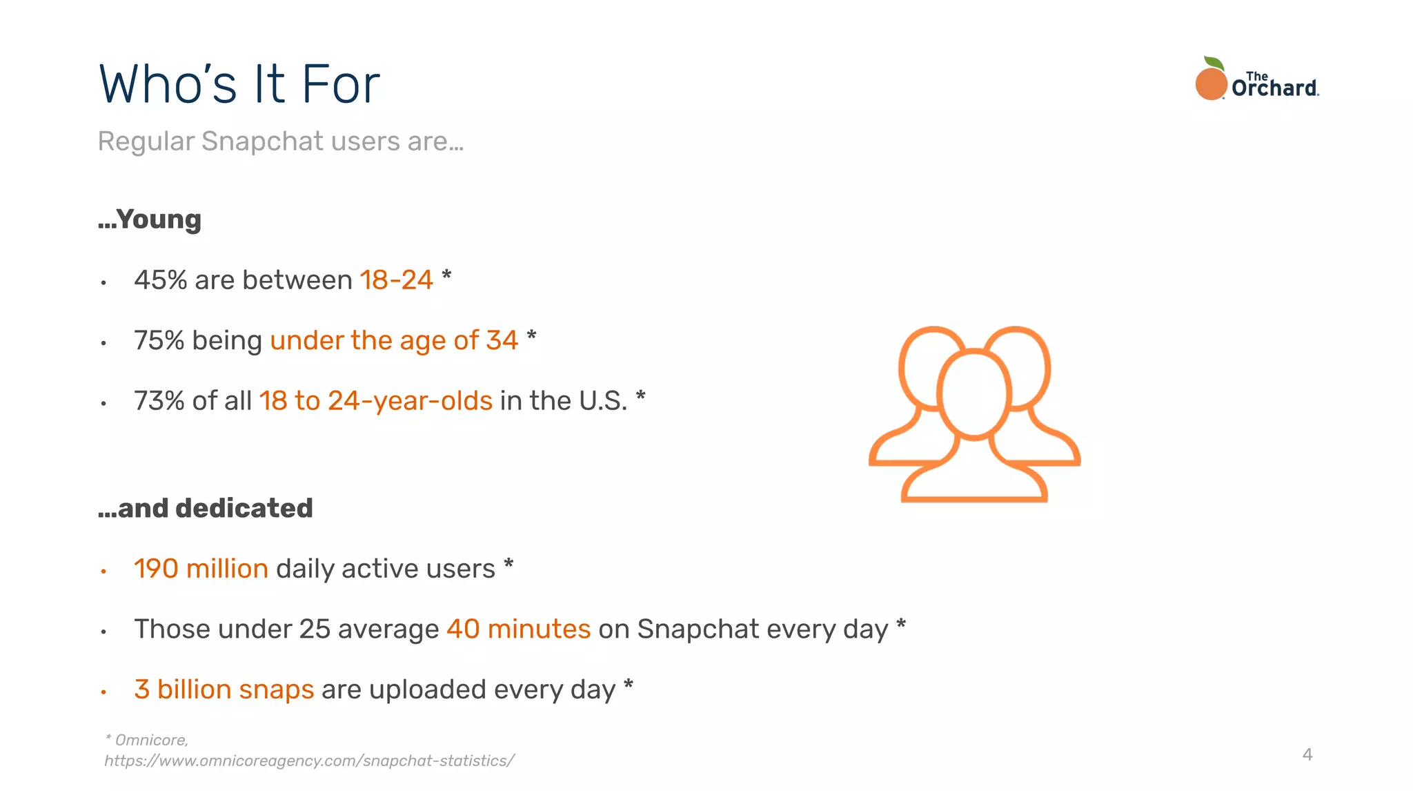 …Young
• 45% are between 18-24 *
• 75% being under the age of 34 *
• 73% of all 18 to 24-year-olds in the U.S. *
…and dedicated
• 190 million daily active users *
• Those under 25 average 40 minutes on Snapchat every day *
• 3 billion snaps are uploaded every day *
4
Who’s It For
Regular Snapchat users are…
* Omnicore,
https://www.omnicoreagency.com/snapchat-statistics/
 