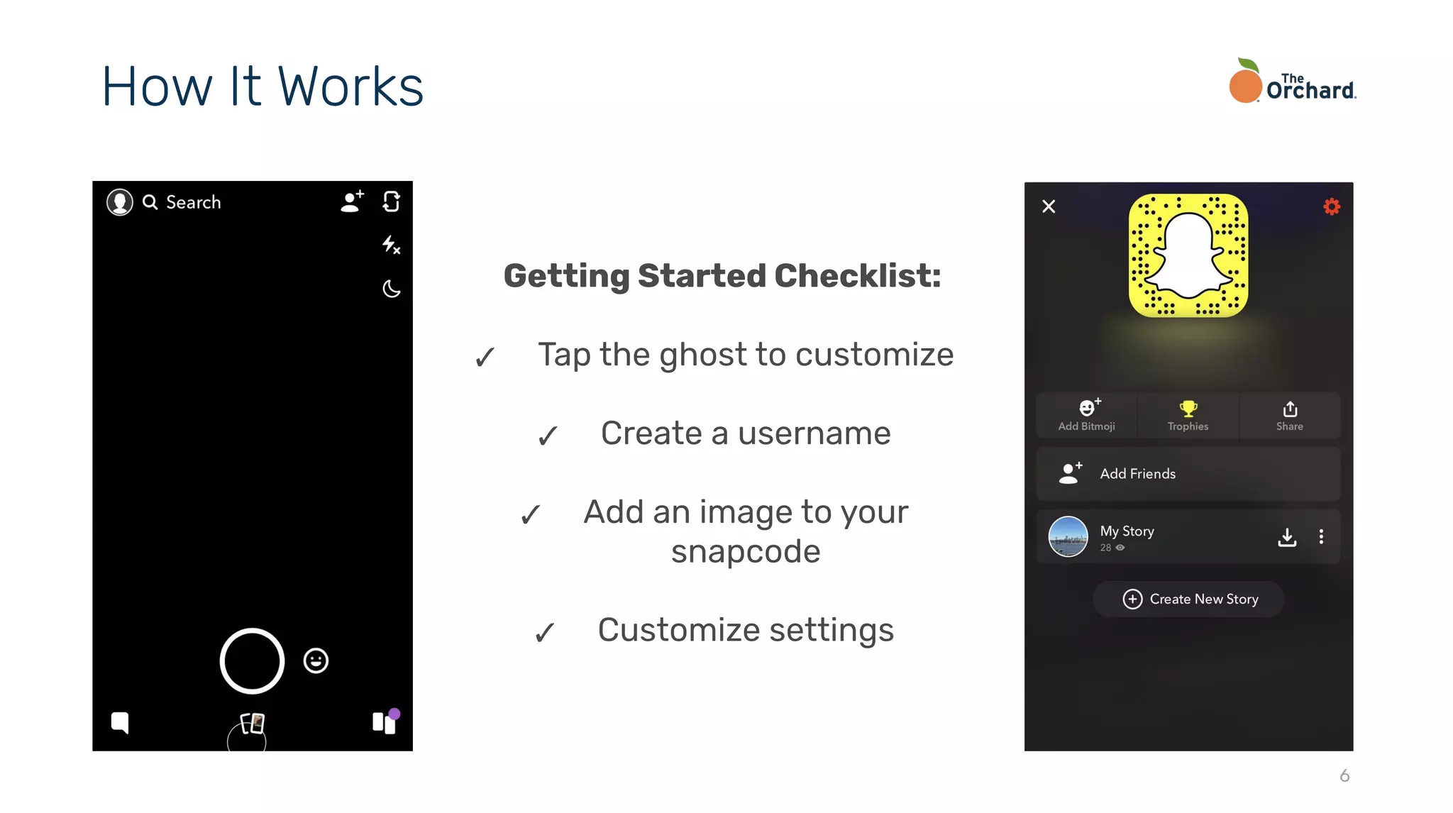 6
How It Works
Getting Started Checklist:
✓ Tap the ghost to customize
✓ Create a username
✓ Add an image to your
snapcode
✓ Customize settings
 