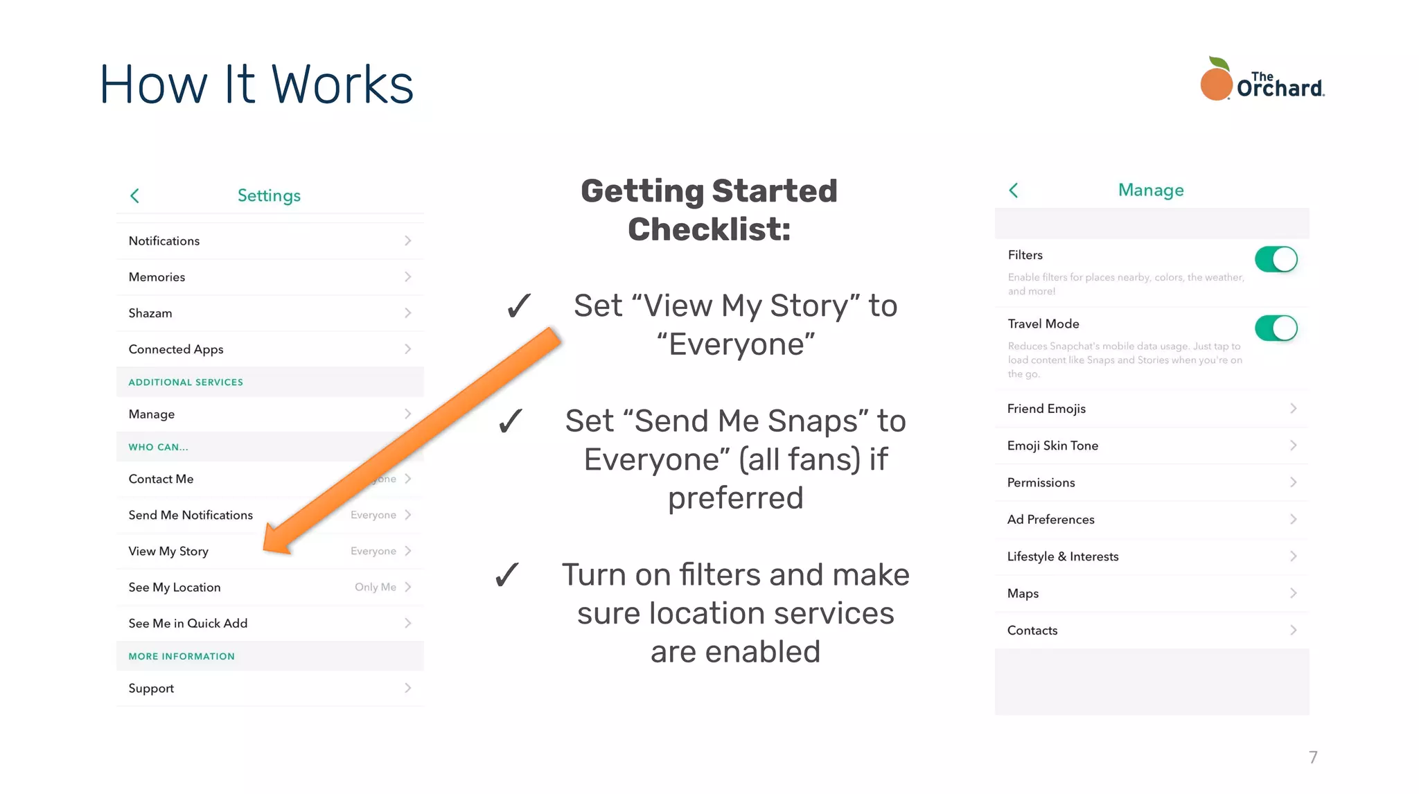 7
How It Works
Getting Started
Checklist:
✓ Set “View My Story” to
“Everyone”
✓ Set “Send Me Snaps” to
Everyone” (all fans) if
preferred
✓ Turn on ﬁlters and make
sure location services
are enabled
 