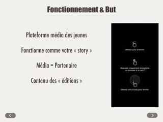 Fonctionnement & But
Fonctionne comme votre « story »
Média = Partenaire
Contenu des « éditions »
Plateforme média des jeunes
 