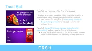 Taco Bell has been one of the Snapchat leaders.
Taco Bell launched a Valentine's Day campaign to send a
personalized, funn...