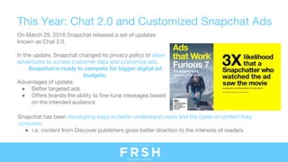 This Year: Chat 2.0 and Customized Snapchat Ads
On March 29, 2016 Snapchat released a set of updates
known as Chat 2.0.
In...