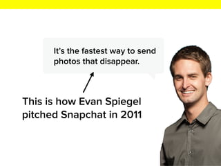 It’s the fastest way to send
photos that disappear.
This is how Evan Spiegel
pitched Snapchat in 2011
 