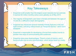 Disadvantages To Snapchat
• The demographics are advantageous to the right brand and message but also make it
a fairly narrow platform.
• Snapchat's structure makes it difficult for a brand to build a large audience.
• Unlike Facebook or Twitter, where user interaction is organized around user profiles
and user feeds, Snapchat is organized around direct communication between
users.
• Also, Snapchat users typically can’t easily reshare brand content, so there’s no viral
effect achievable within Snapchat.
• It's time-consuming for brands to open and view
responses to their content in Snapchat, much less
respond to any of them.
• There are no metrics-yet. Brands have to manually
count their followers and other basic metrics, such as
how many people have opened their snaps. Snapchat
only offers user "Scores," which counts the number of
Snaps sent and opened by each user.
 
