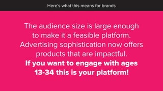 Here’s what this means for brands
The audience size is large enough
to make it a feasible platform.
Advertising sophistica...