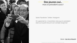 Après Facebook, Twitter, Instagram,
 
On apprenait le 2 novembre 2015 que le Président
était sur le point d’ouvrir son compte Snapchat !
Source : http://bit.ly/1McaeGA
Des jeunes oui…
mais le Président aussi !
Snapchat: les clés pour se lancer / On prend un café 
 