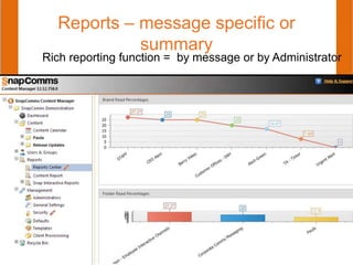 Reports – message specific or
summary
Rich reporting function = by message or by Administrator
 