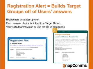 Registration Alert = Builds Target
Groups off of Users’ answers
Broadcasts as a pop-up Alert
Each answer choice is linked to a Target Group.
Verify site/team/division or use for opt-in categories
 