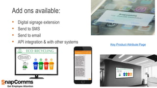 Add ons available:
• Digital signage extension
• Send to SMS
• Send to email
• API integration & with other systems Key Product Attribute Page
 