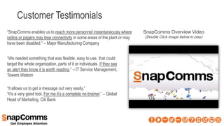 Customer Testimonials
“SnapComms enables us to reach more personnel instantaneously where
radios or pagers may lose connectivity in some areas of the plant or may
have been disabled.” – Major Manufacturing Company
“We needed something that was flexible, easy to use, that could
target the whole organization, parts of it or individuals. If they see
an alert they know it is worth reading.” – IT Service Management,
Towers Watson
“It allows us to get a message out very easily.”
“It’s a very good tool. For me it’s a complete no-brainer.” – Global
Head of Marketing, Citi Bank
SnapComms Overview Video
(Double Click image below to play)
 