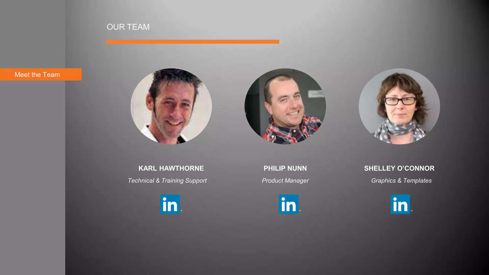 Meet the Team
OUR TEAM
KARL HAWTHORNE PHILIP NUNN SHELLEY O’CONNOR
Technical & Training Support Product Manager Graphics & Templates
 