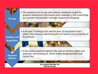Tie-Ups
• The company has tie-ups with various companies to get the
products delivered at the lowest price. Example, it has FreeCharge
as a partner and provides recharge coupons on shopping
Funding and
Acquisition
• It has got 7 funding so far and has over 13 acquisition and it
utilizes the revenues and funding for the lowest cost availability of
its products.
Payment
Options
• It has various payment options like cash on delivery, debit card
payment, net banking etc. which makes shopping easier and
hassle free.
 