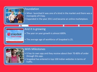 Foundation
• When launched it was one of a kind in the market and there was a
monopoly of E-bay.
• Expanded in the year 2011 and became an online marketplace.
And it is growing
• The year on year growth is almost 600%.
• The average age of workforce of Snapdeal is 25.
With Milestones
• It has its own app and they receive about their 70-80% of order
through this app.
• Snapdeal has entered in top-100 Indian websites in terms of
traffic.
 